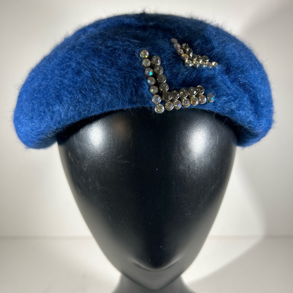 Blue Wool Beret with Rhinestone Accents - Picture 7 of 12